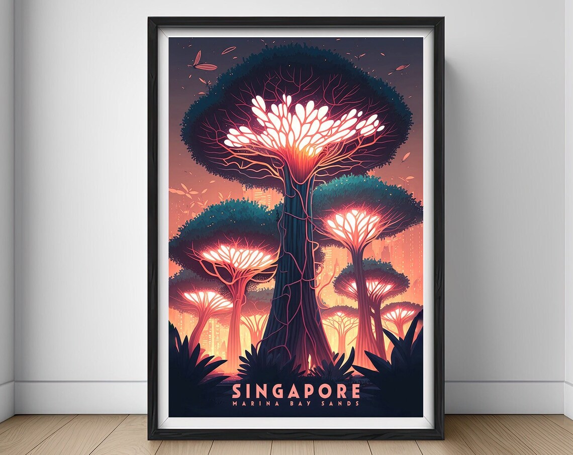 Singapore Supertrees Vintage Travel Poster Glowing Garden Night