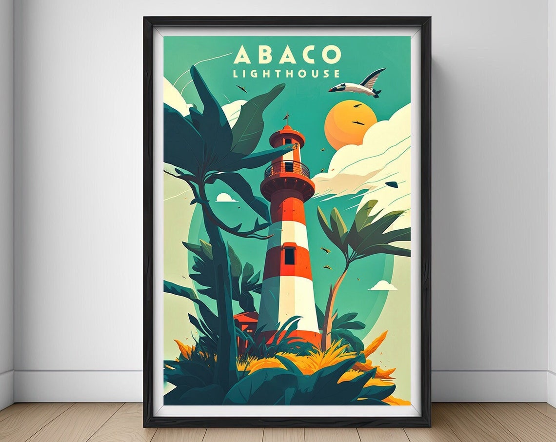 Abaco Lighthouse Bahamas Island Sunset Vintage Travel Poster