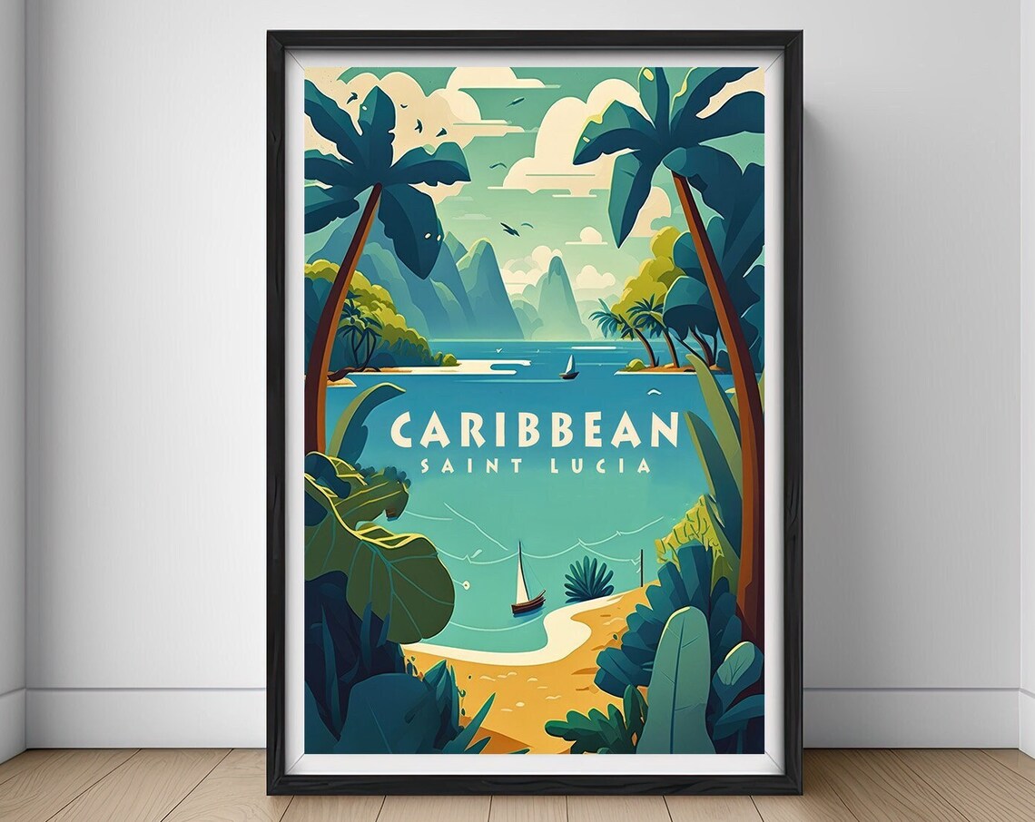 Saint Lucia Caribbean Tropical Beach Palms Vintage Travel Poster