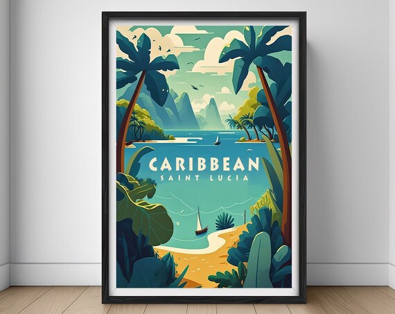 Saint Lucia Caribbean Tropical Beach Palms Vintage Travel Poster