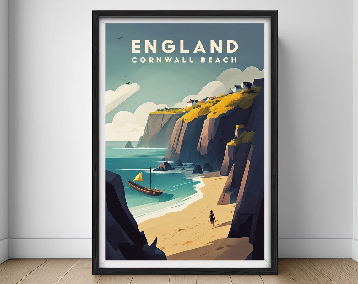 England Cornwall Beach Cliffs Sailboat Retro Travel Art Poster