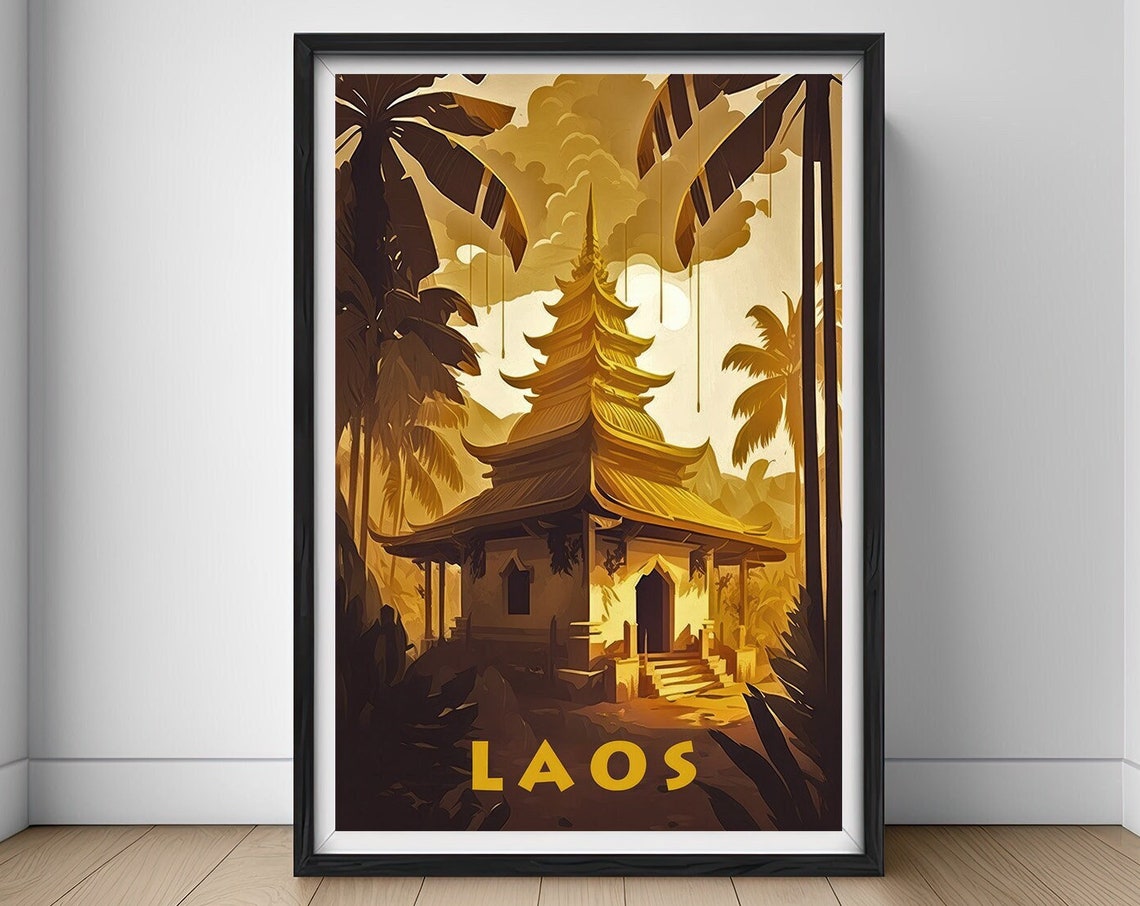 Laos Golden Pagoda Temple Jungle Palms Sepia Vintage Travel Poster