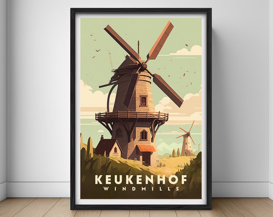 Keukenhof Netherlands Travel Poster Keukenhof Netherlands Wall Art Print Windmill Painting Windmill Illustration Keukenhof Decor