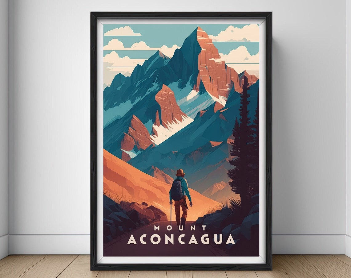 Mount Aconcagua Andes Hiker Sunset Peak Vintage Travel Poster