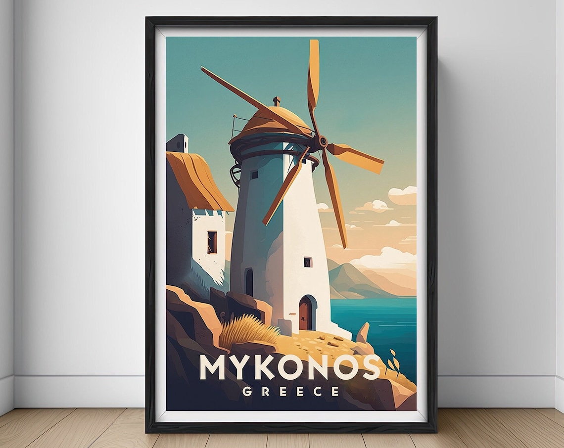 Mykonos Greece Windmill Seaside Sunset Aegean Island Travel Poster