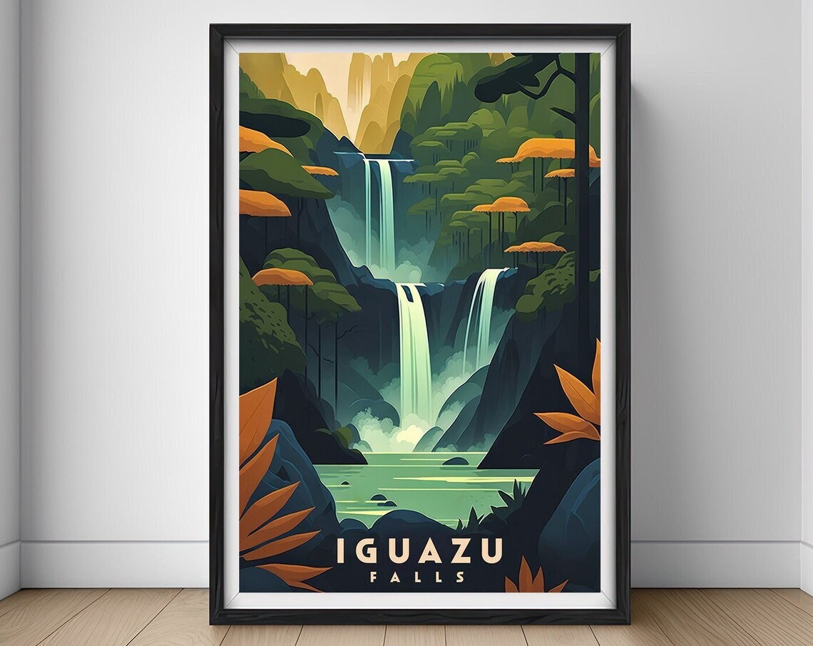 Iguazu Falls Vintage Travel Poster Jungle Waterfall Rainforest