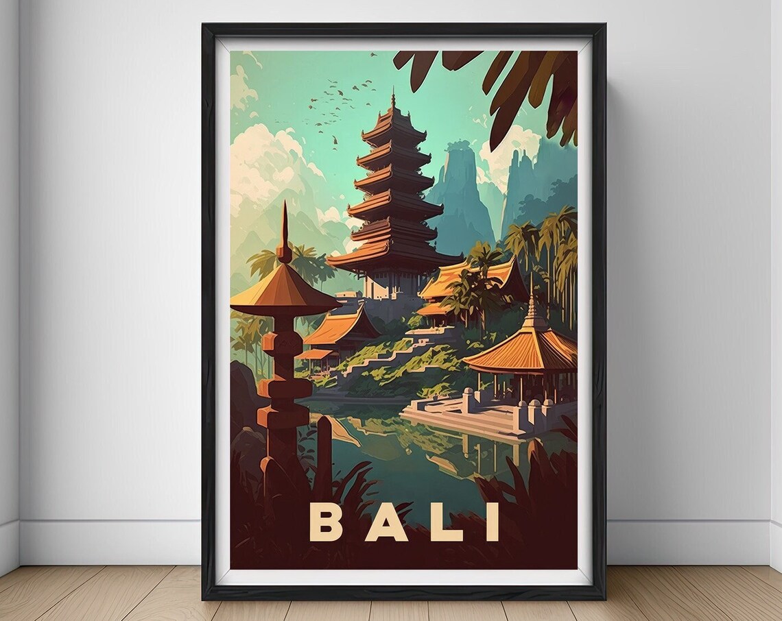 Bali Indonesia Vintage Travel Poster Lake Temple Pagoda Scene