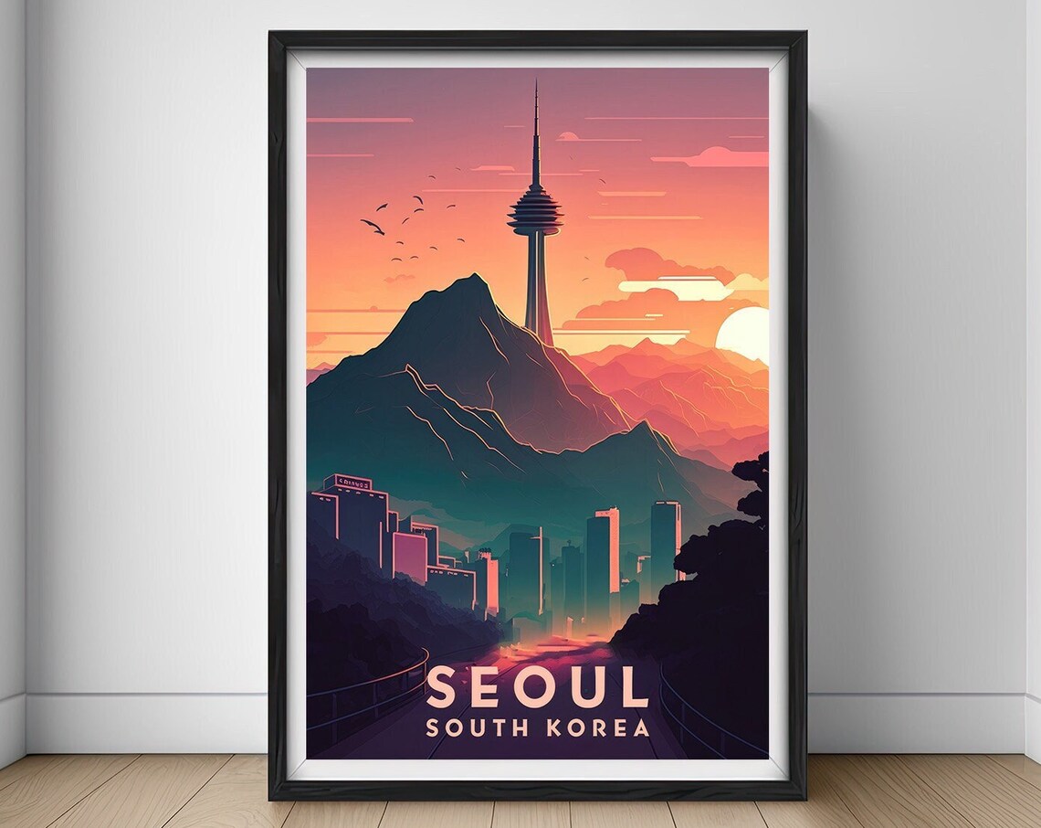Seoul South Korea Tower Mountain Sunset Vintage Travel Art Poster