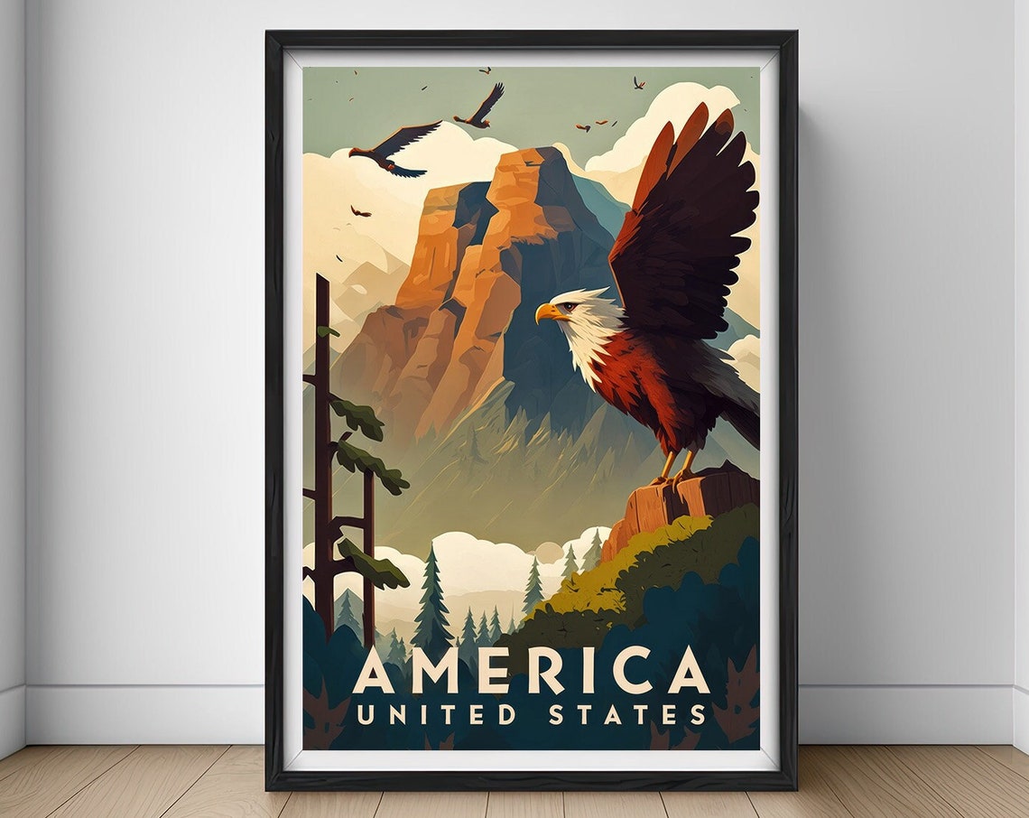 United States Of America Travel Poster Usa Eagle Wall Art Print America Eagle Painting Illustration America Watercolor Home Decor