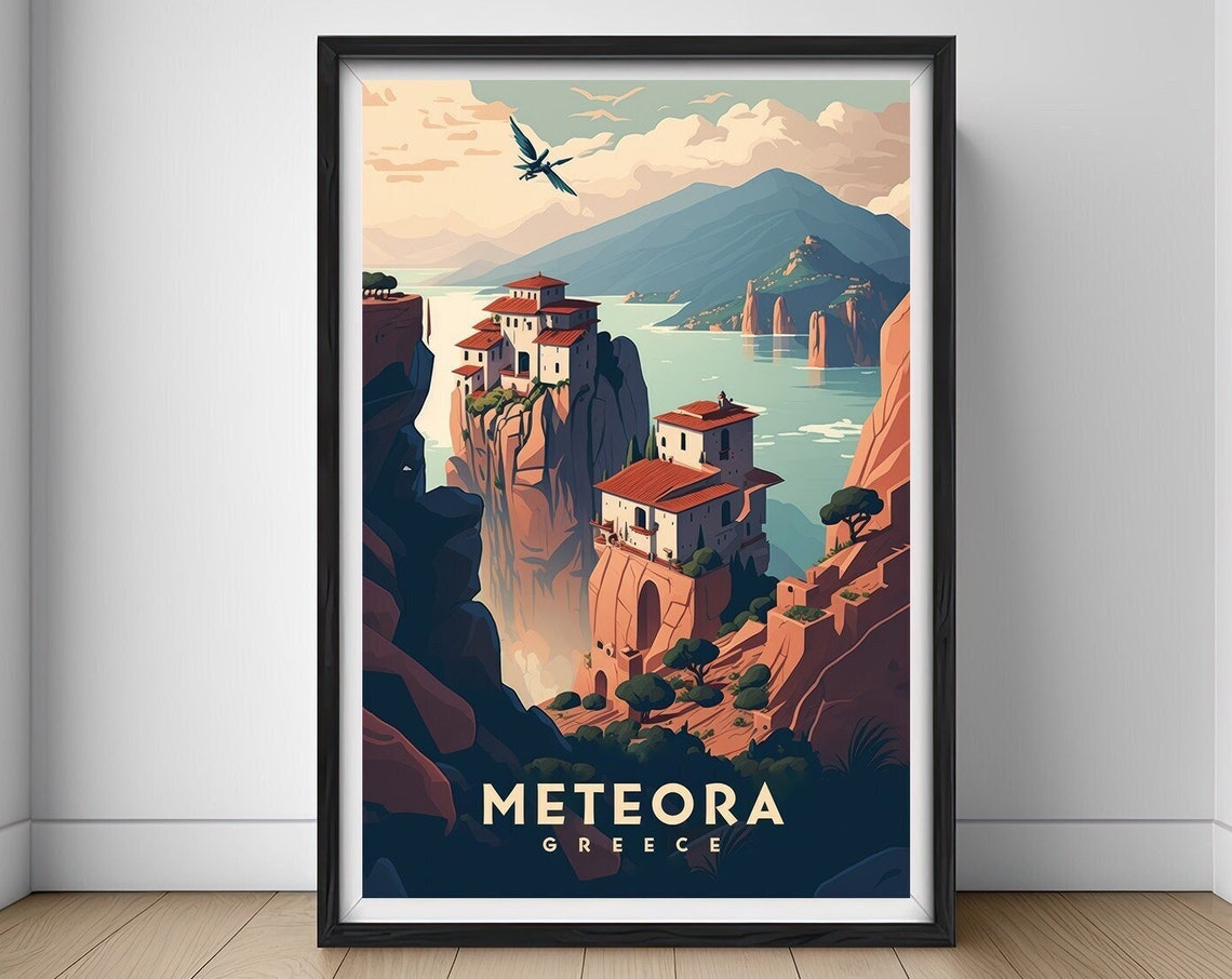 Meteora Greece Cliff Monasteries Vintage Travel Style Poster