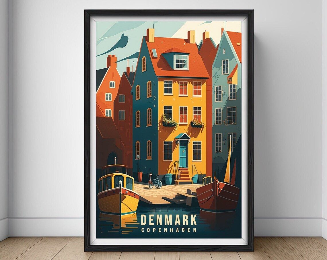 Copenhagen Denmark Nyhavn Gabled Houses Boats Vintage Travel Poster