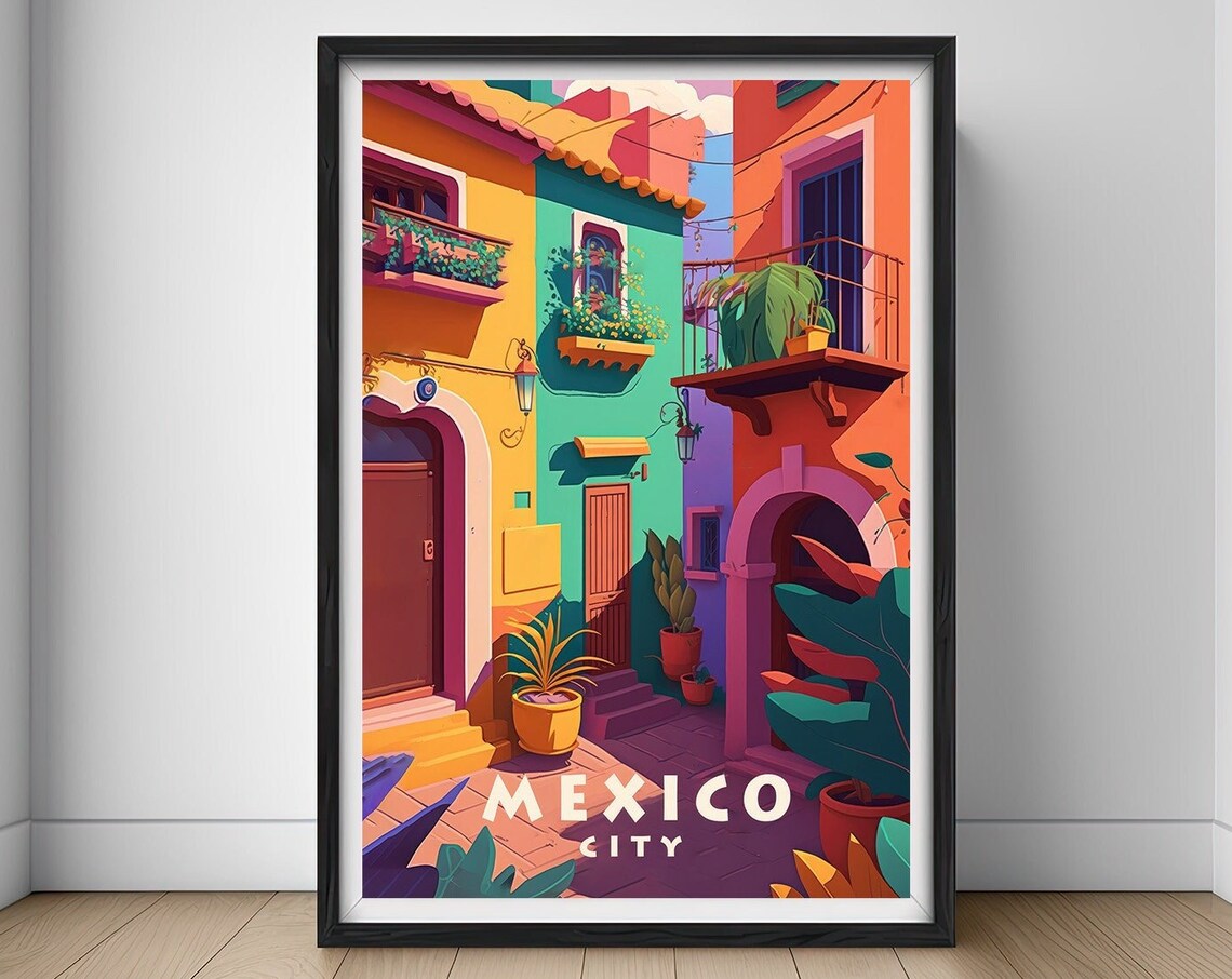 Mexico City Colonial Street Facades Vintage Travel Art Poster