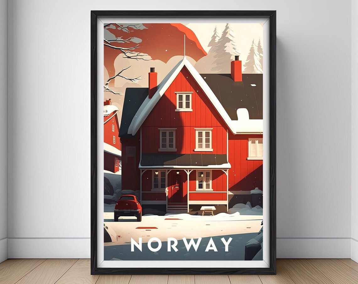 Norway Red Snowy Cabin Winter Landscape Vintage Travel Poster
