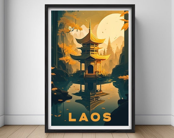 Laos Travel Poster Luang Prabang Laos Wall Art Print Luang Prabang Laos Painting Illustration Laos Golden Temple Laos Home Decor