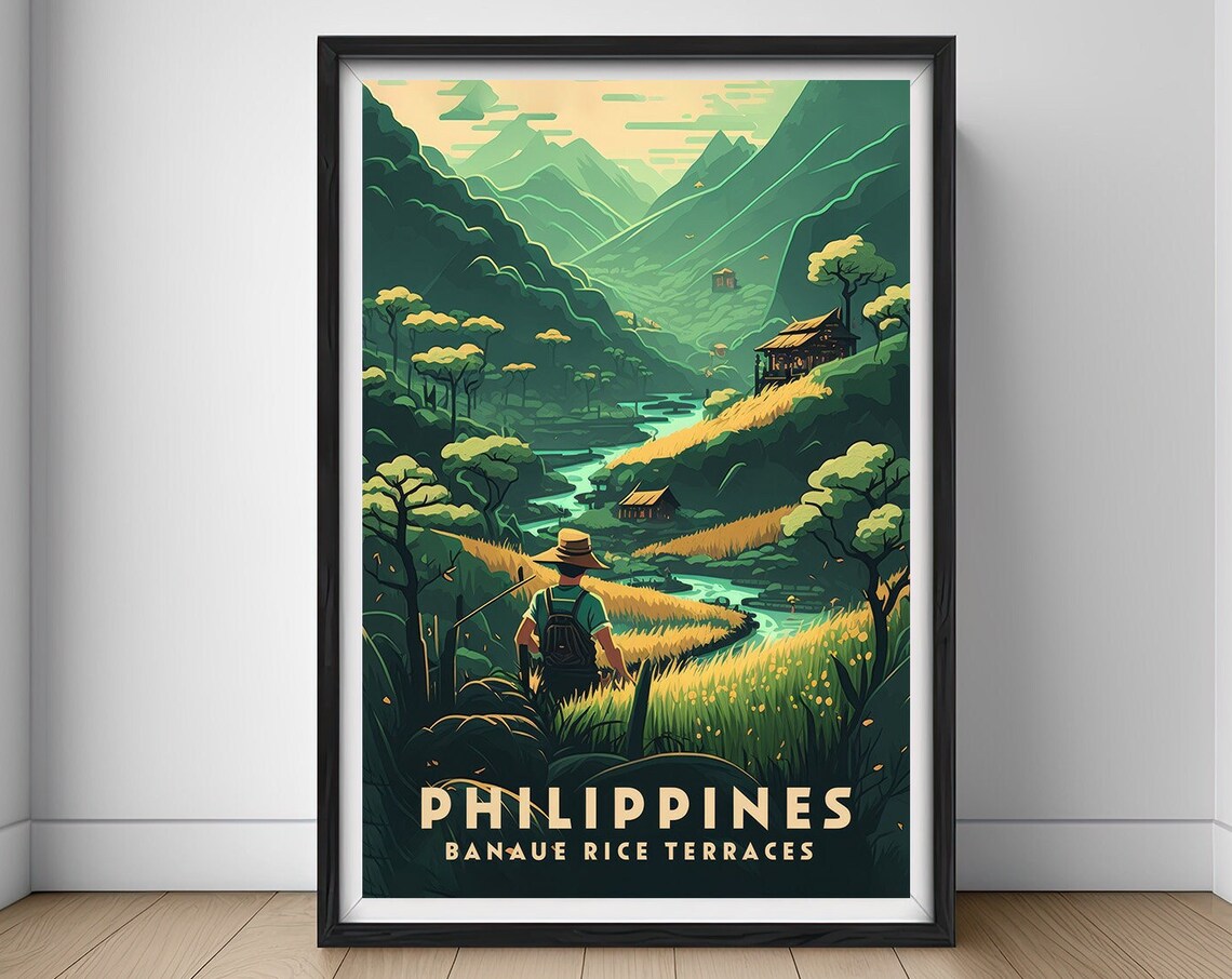 Philippines Banaue Rice Terraces Hiker Vintage Travel Art Poster