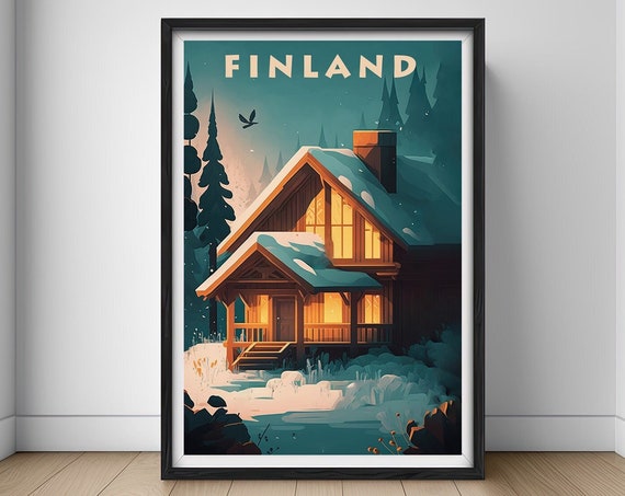 Finland Travel Poster Finland Print Finland Wall Art Print Northern Lights Aurora Painting Aurora Illustration Finland Watercolor Home Decor