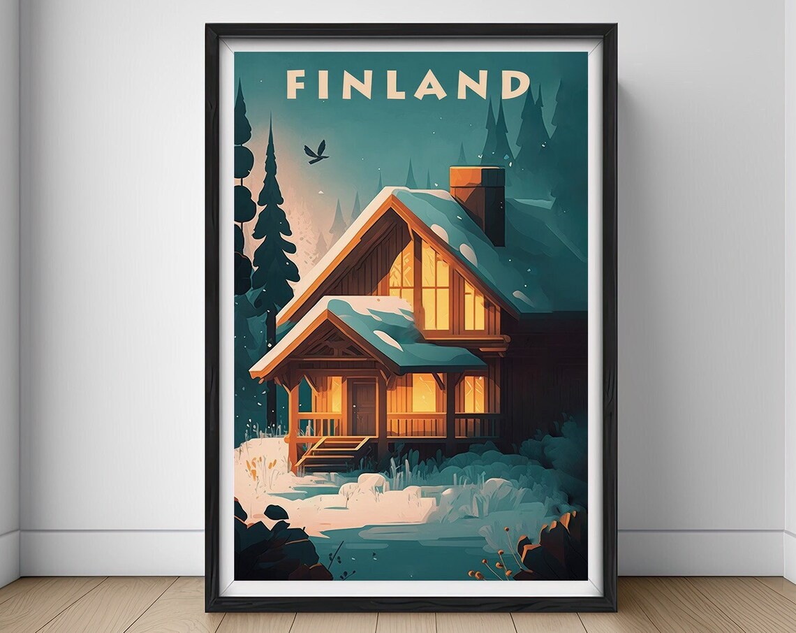Finland Snowy Cabin Night Warm Windows Vintage Winter Travel Poster