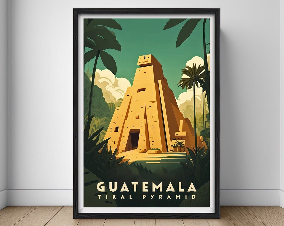 Guatemala Tikal Pyramid Mayan Jungle Ruins Retro Travel Poster