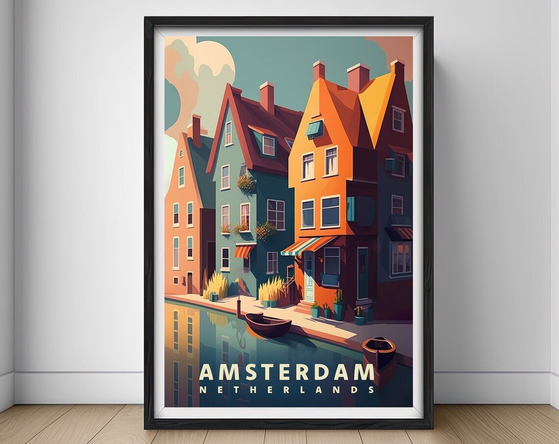 Amsterdam Netherlands Canal Gabled Houses Vintage Travel Poster