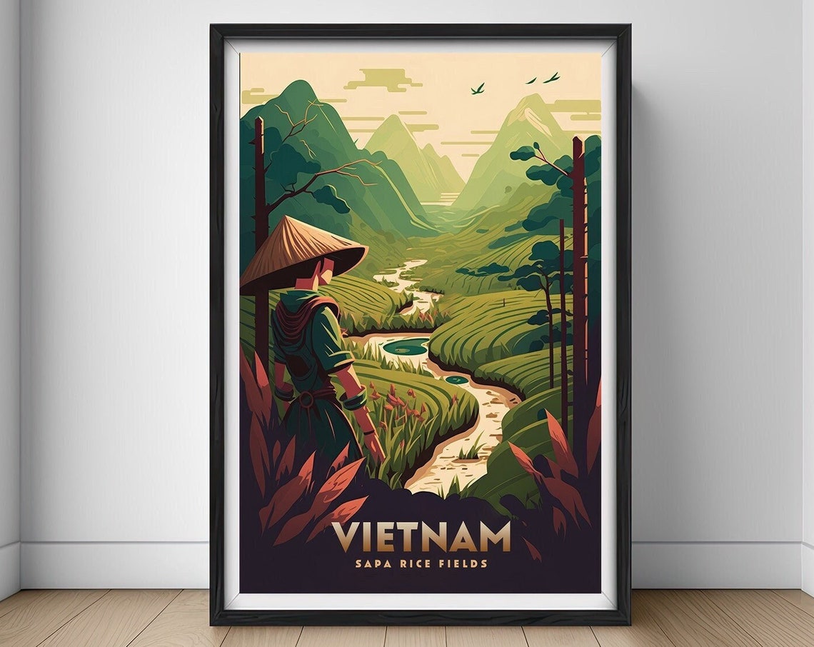 Vietnam Sapa Rice Fields Conical Hat Farmer Terrace Travel Poster