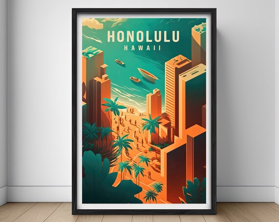 Honolulu Hawaii Travel Poster Honolulu Hawaii Wall Art Print Honolulu Hawaii Painting Illustration Honolulu Hawaii Watercolor