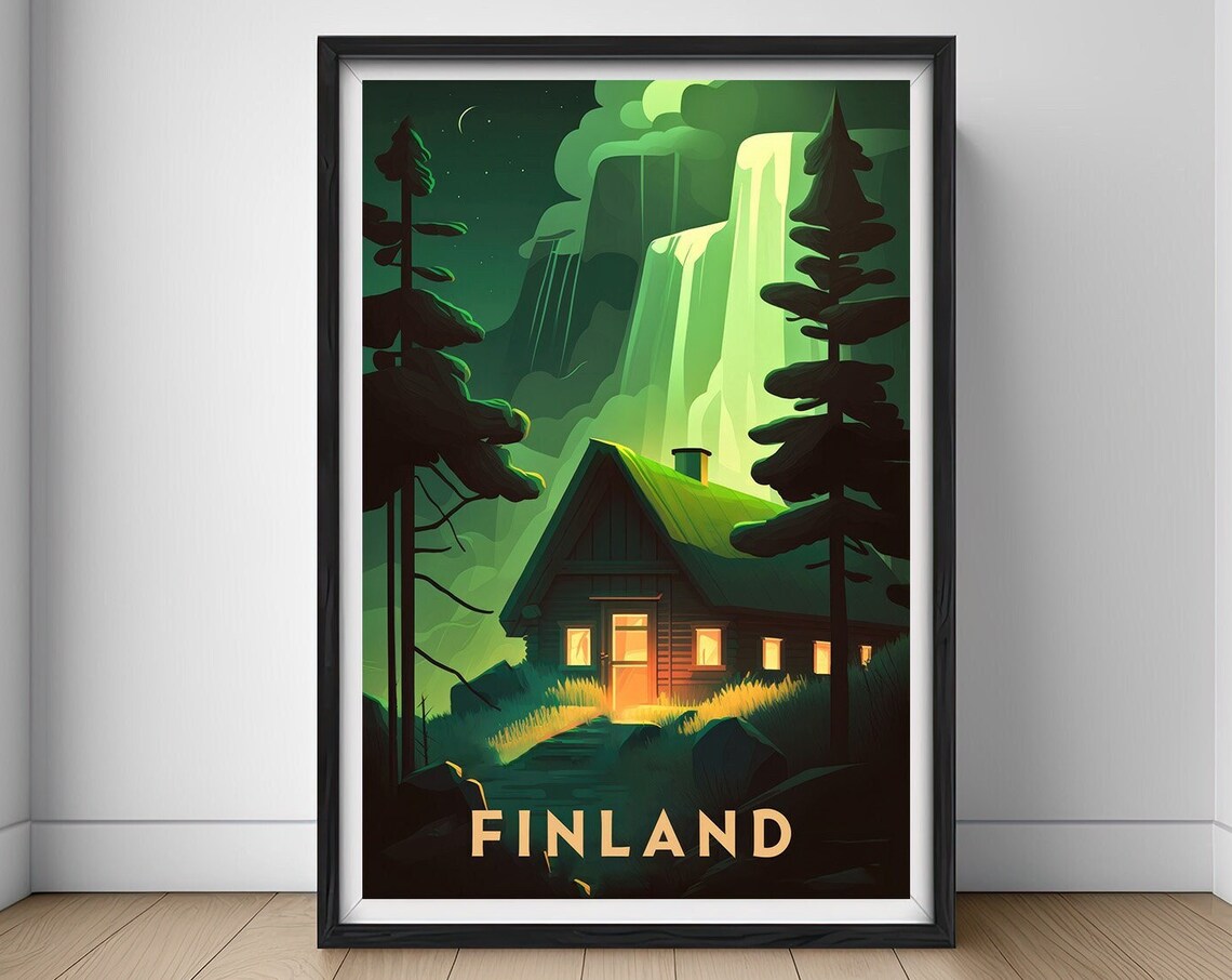 Finland Night Cabin Under Northern Lights Vintage Travel Poster