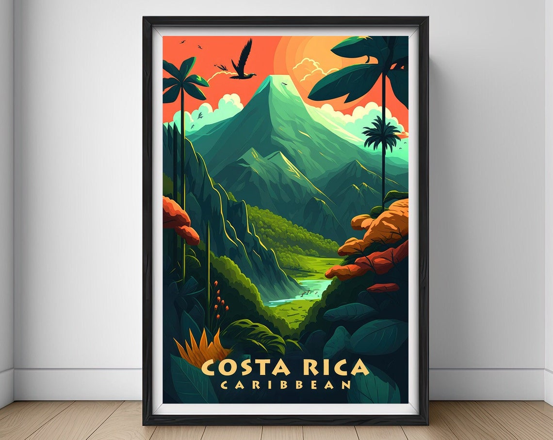 Costa Rica Caribbean Volcano Jungle Sunset Birds Travel Poster