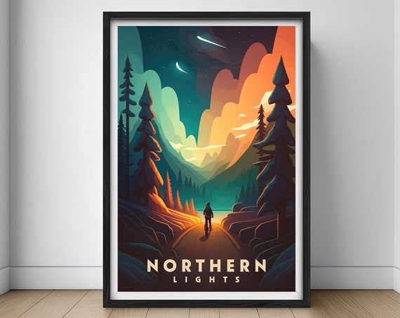 Northern Lights Travel Poster Northern Lights Wall Art Print Aurora Night Sky Aurora Painting Illustration Aurora Watercolor Home Decor
