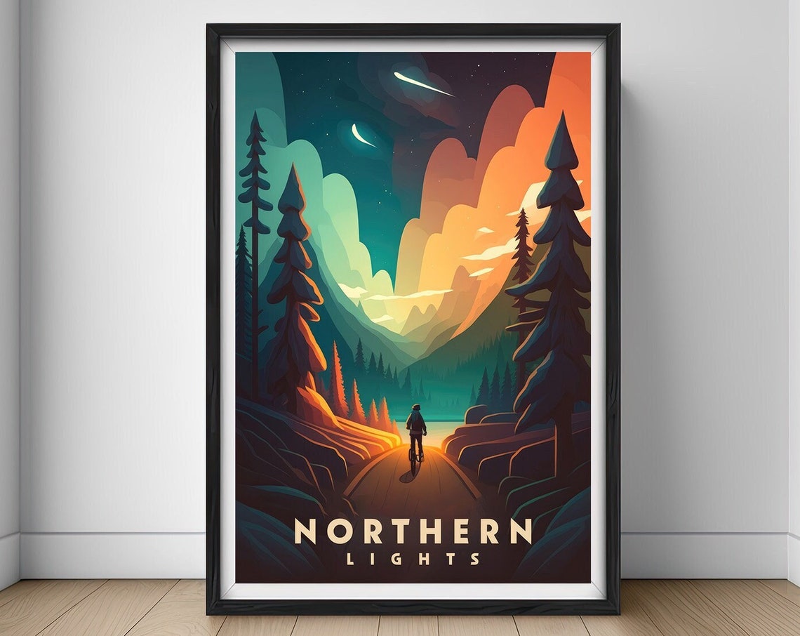 Northern Lights Night Sky Cyclist Mountain Aurora Adventure Poster