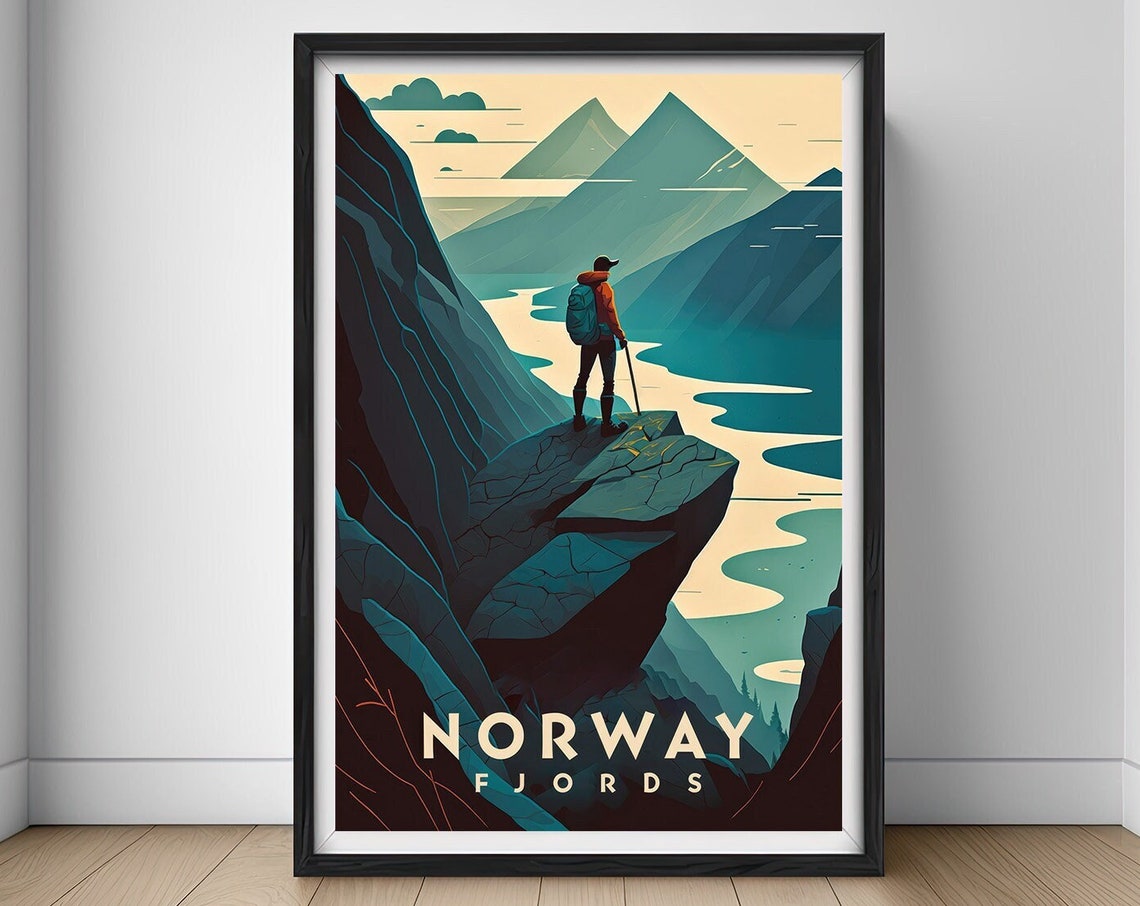Norway Fjords Hiker Cliff Overlook Teal Retro Travel Art Poster