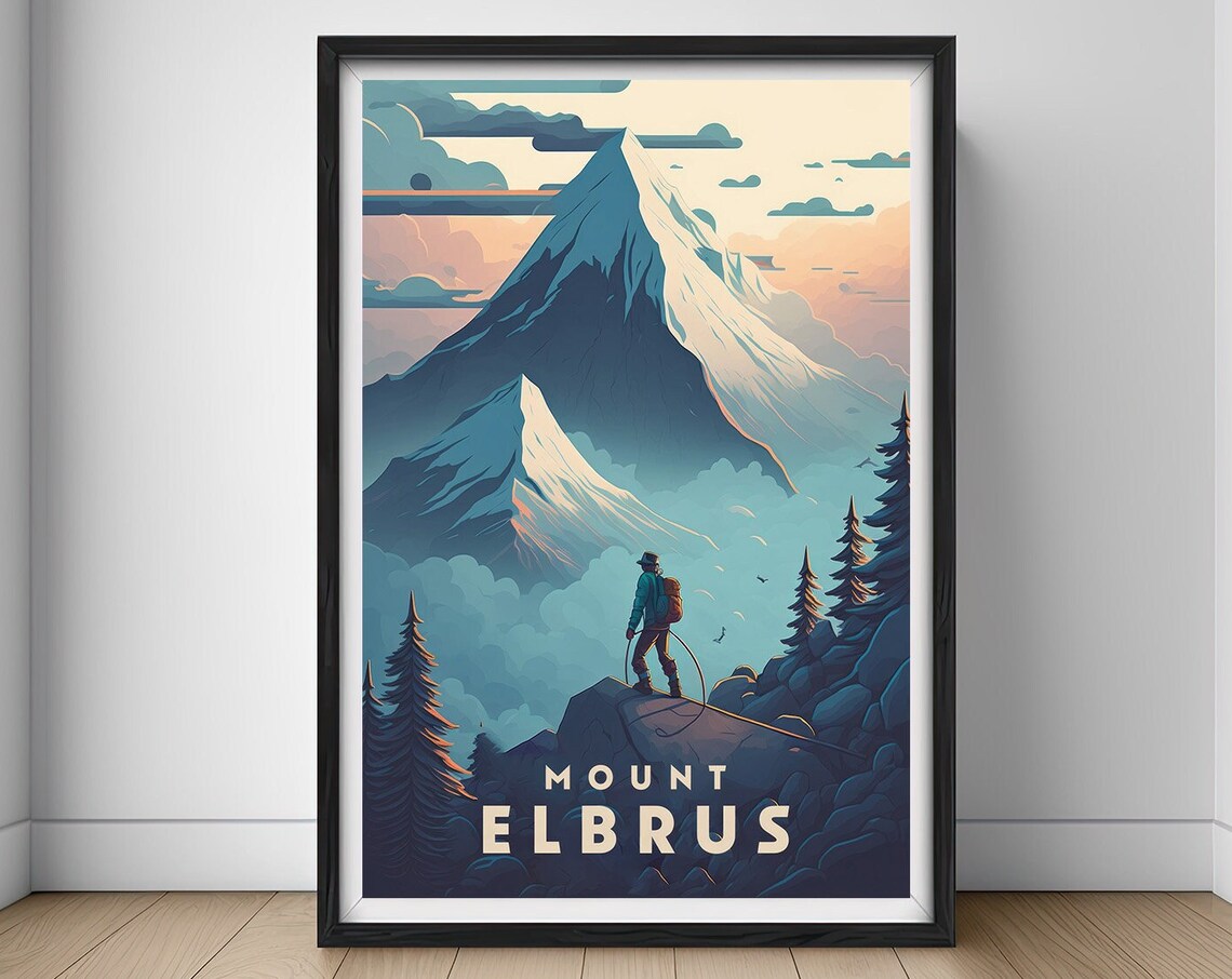 Mount Elbrus Russia Snow Peaks Climber Vintage Travel Poster
