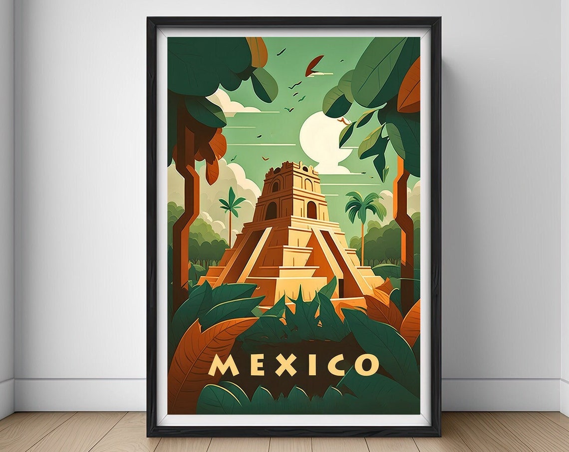 Mexico Ancient Mayan Temple Jungle Pyramid Vintage Travel Poster