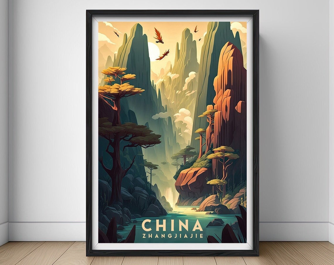 China Zhangjiajie Sandstone Pillars River Retro Travel Poster