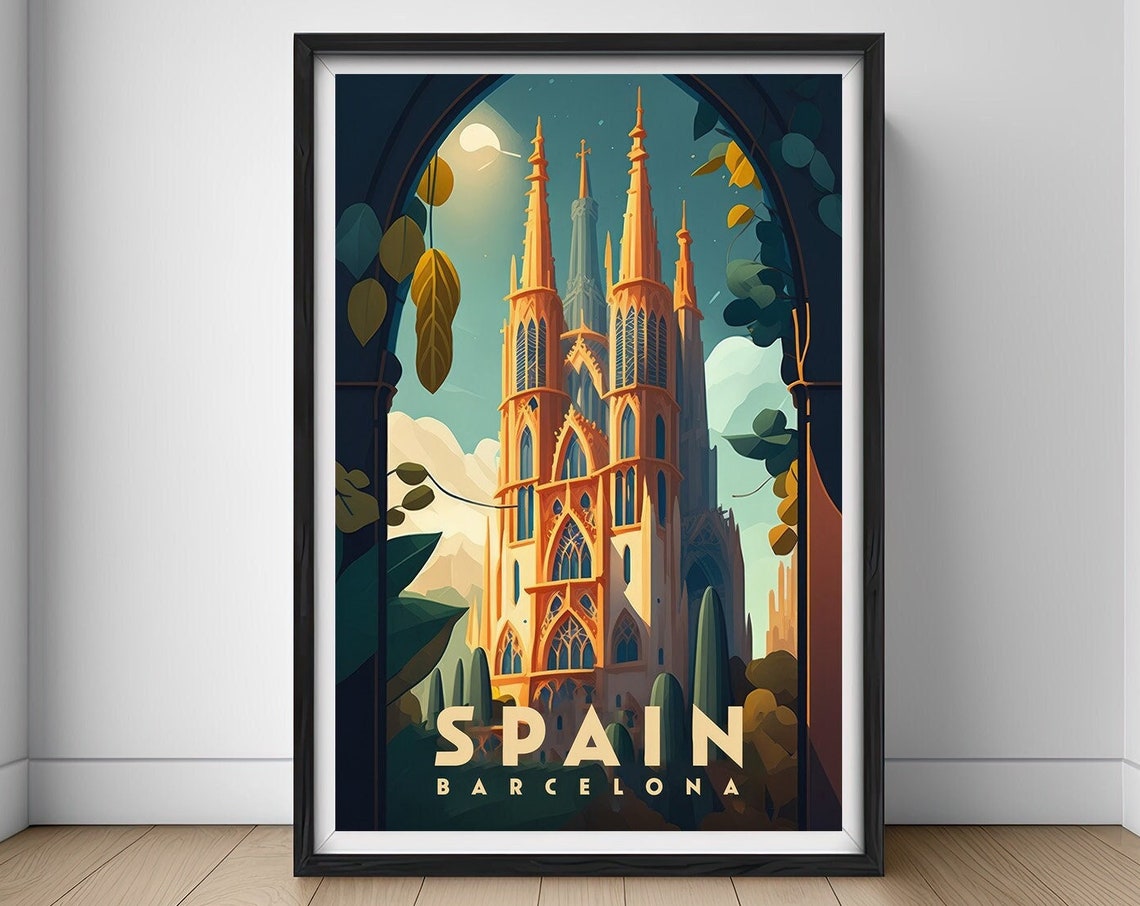Spain Barcelona Sagrada Familia Cathedral Night Retro Travel Poster