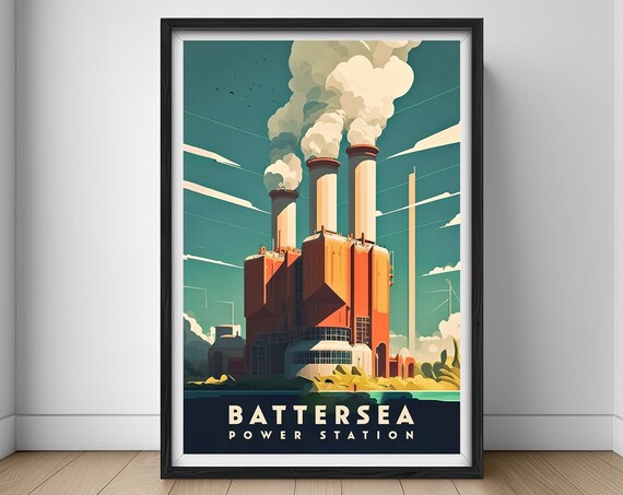 Battersea Power Station London Industrial Vintage Travel Poster