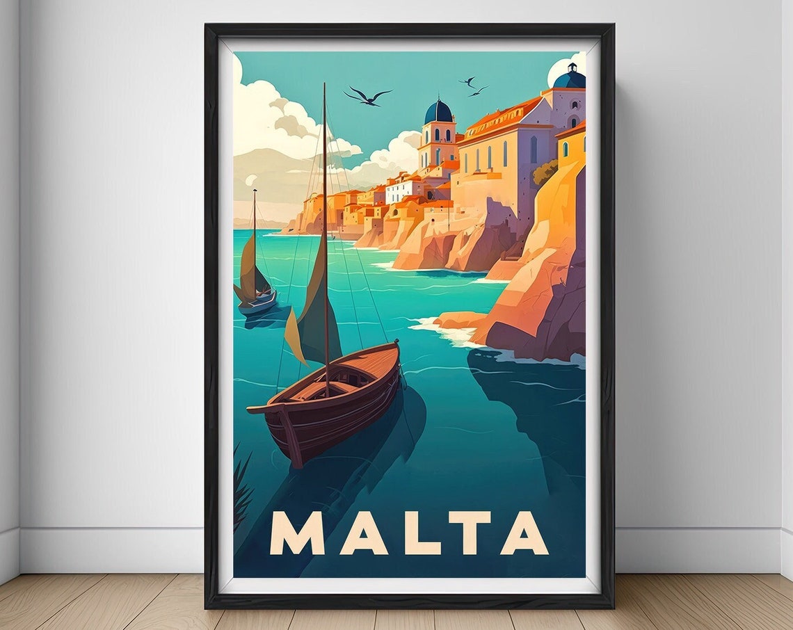 Malta Sailboat Harbor Mediterranean Cliffs Retro Travel Poster