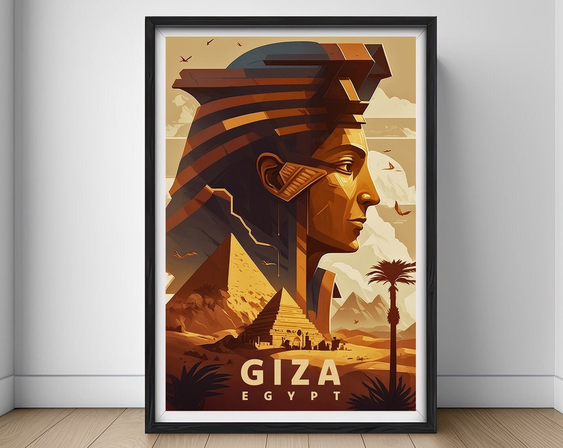 Giza Egypt Sphinx Pyramids Desert Sunset Vintage Travel Poster
