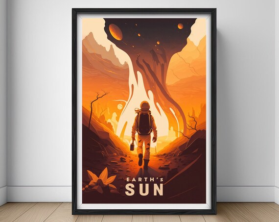 Earths Sun Astronaut Alien Planet Orange Sky Vintage Art Poster