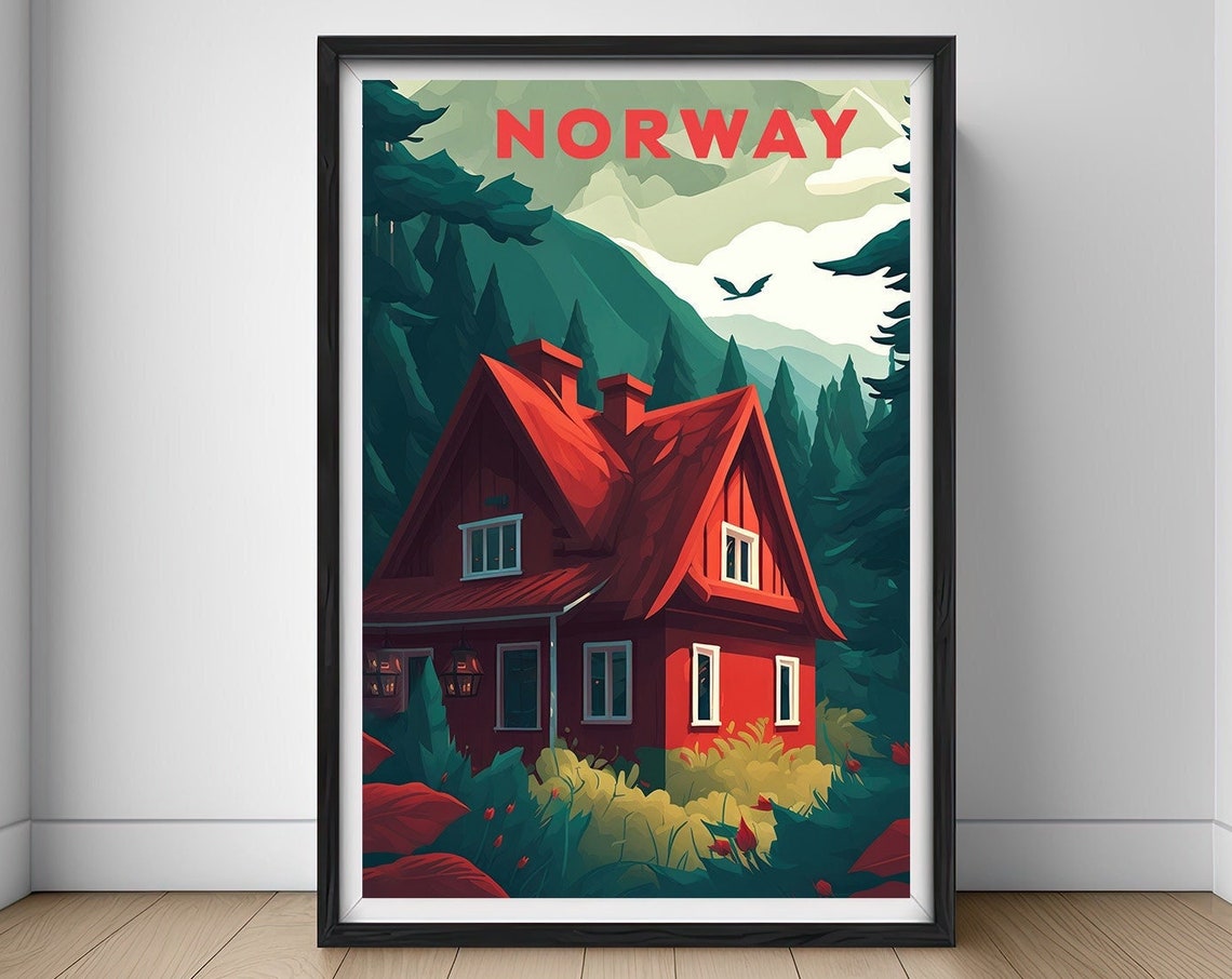Norway Red Cabin Pine Forest Nordic Mountain Vintage Travel Poster