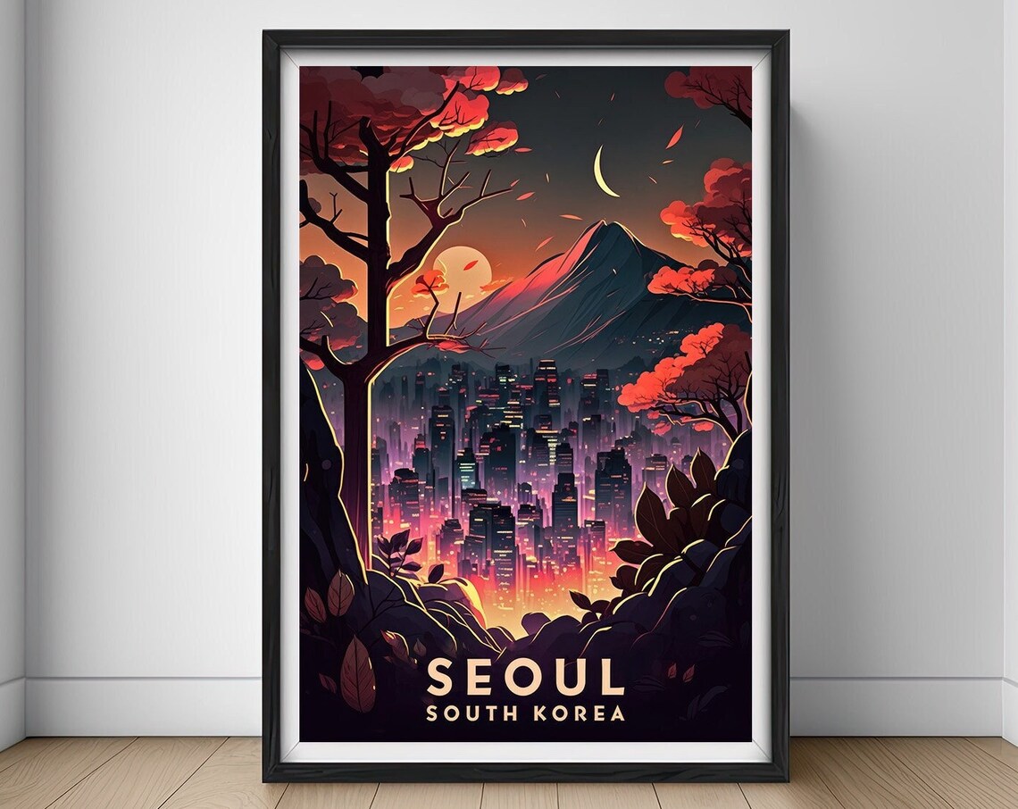 Seoul South Korea Vintage Travel Poster Neon City Skyline Art
