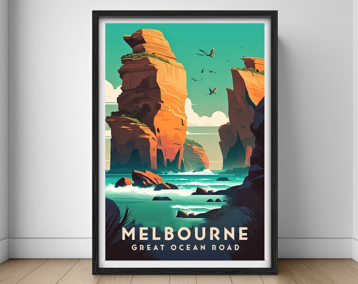 Melbourne Great Ocean Road Sea Stacks Cliffs Vintage Travel Poster