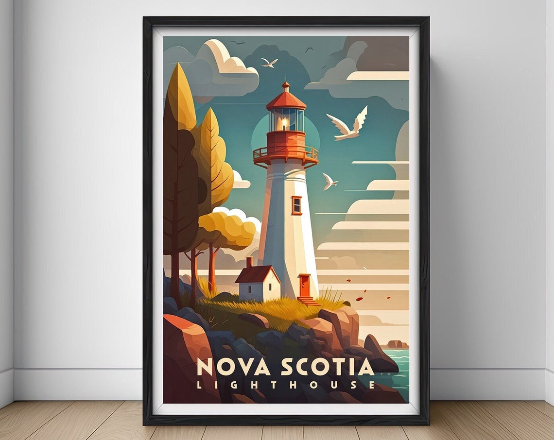 Nova Scotia Lighthouse Canada White Beacon Vintage Travel Poster