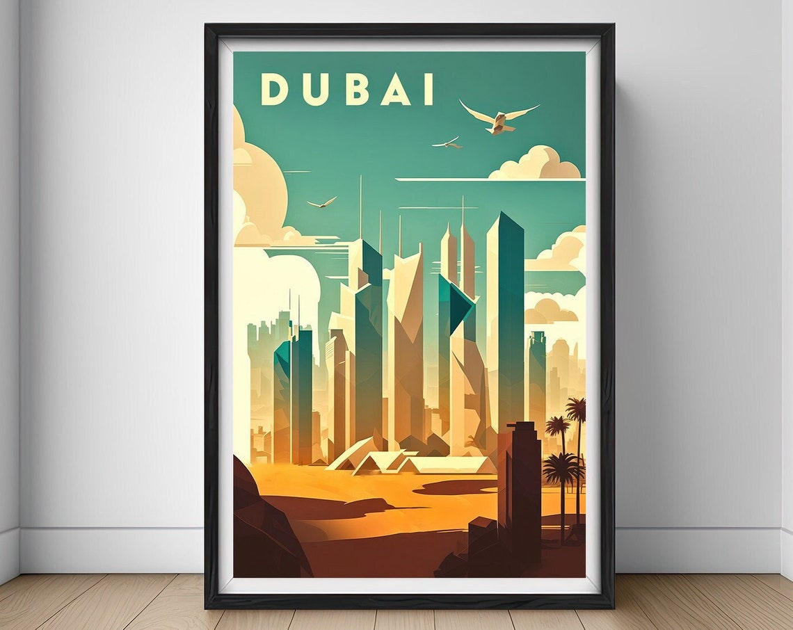 Dubai UAE Vintage Travel Poster Modern Skyline Desert Sunset Art