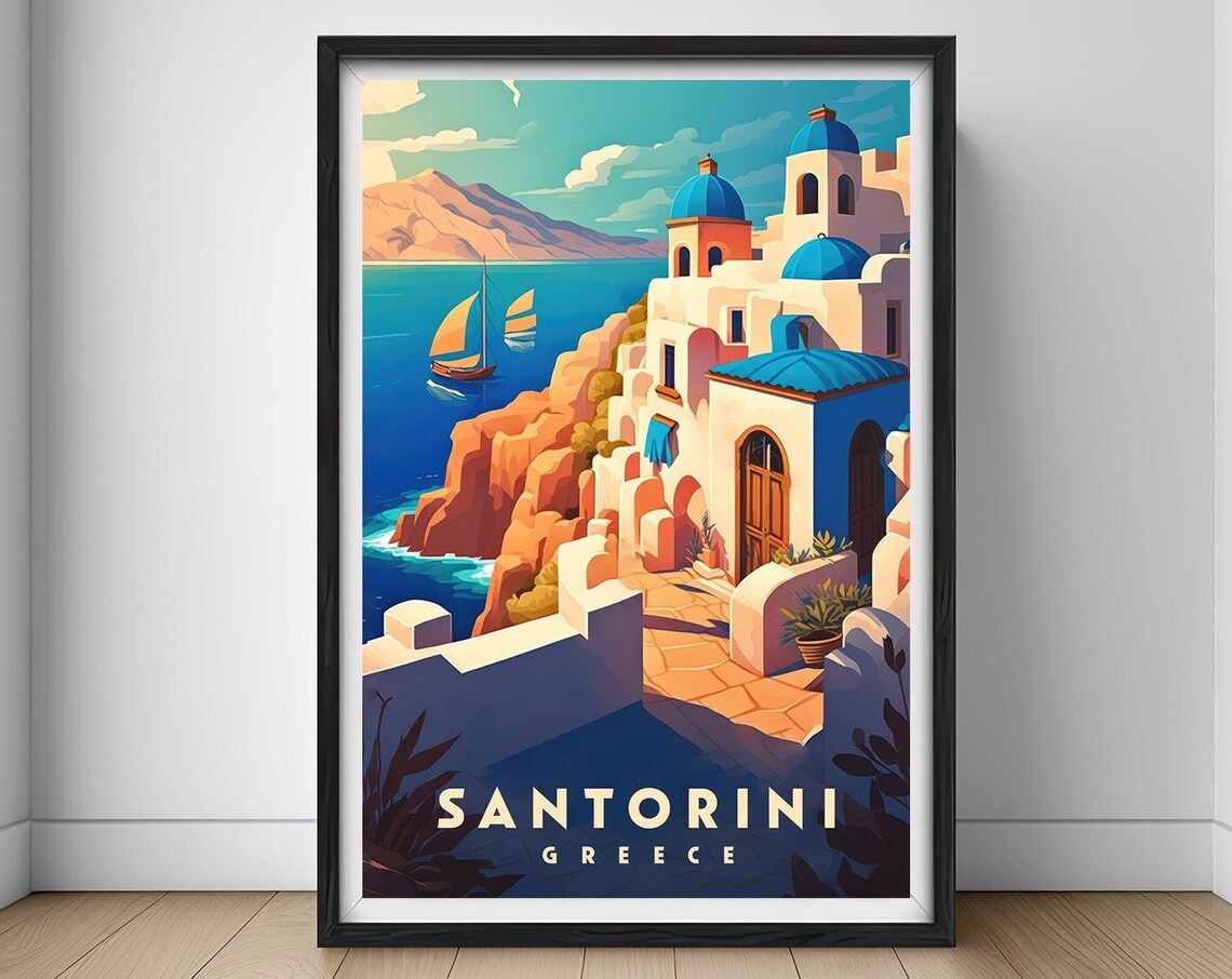 Santorini Greece Vintage Travel Poster Blue Domes Aegean Sea