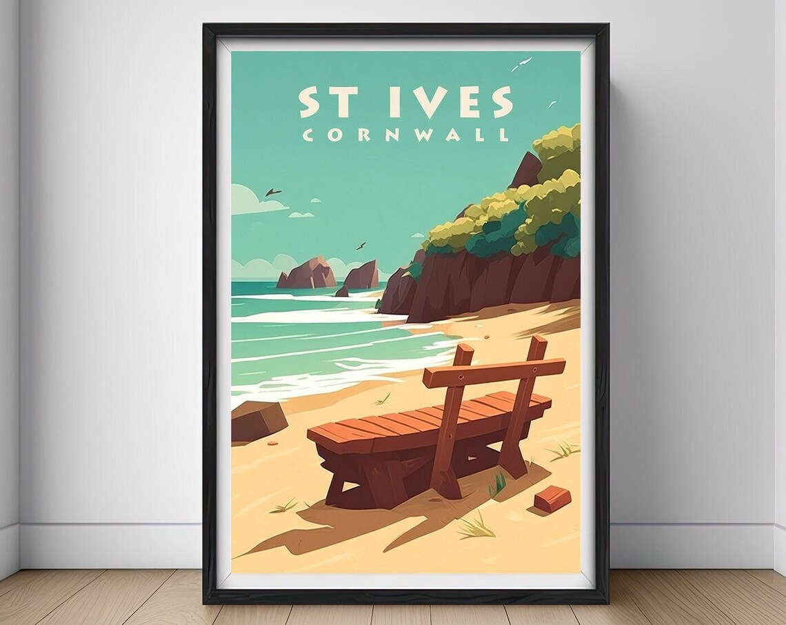 St Ives Cornwall Vintage Travel Poster Beach Bench Sea View Art