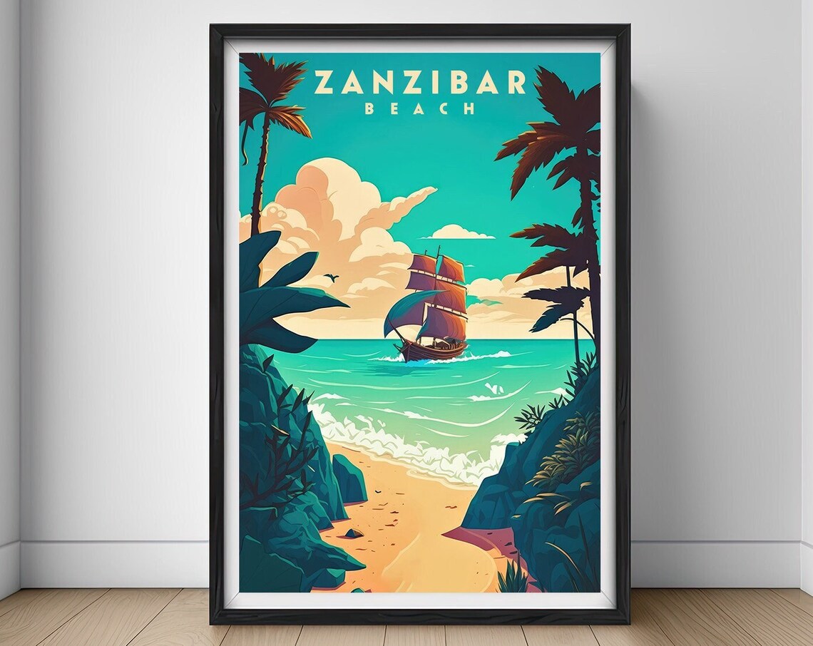 Zanzibar Beach Tanzania Sailboat Palms Vintage Travel Poster