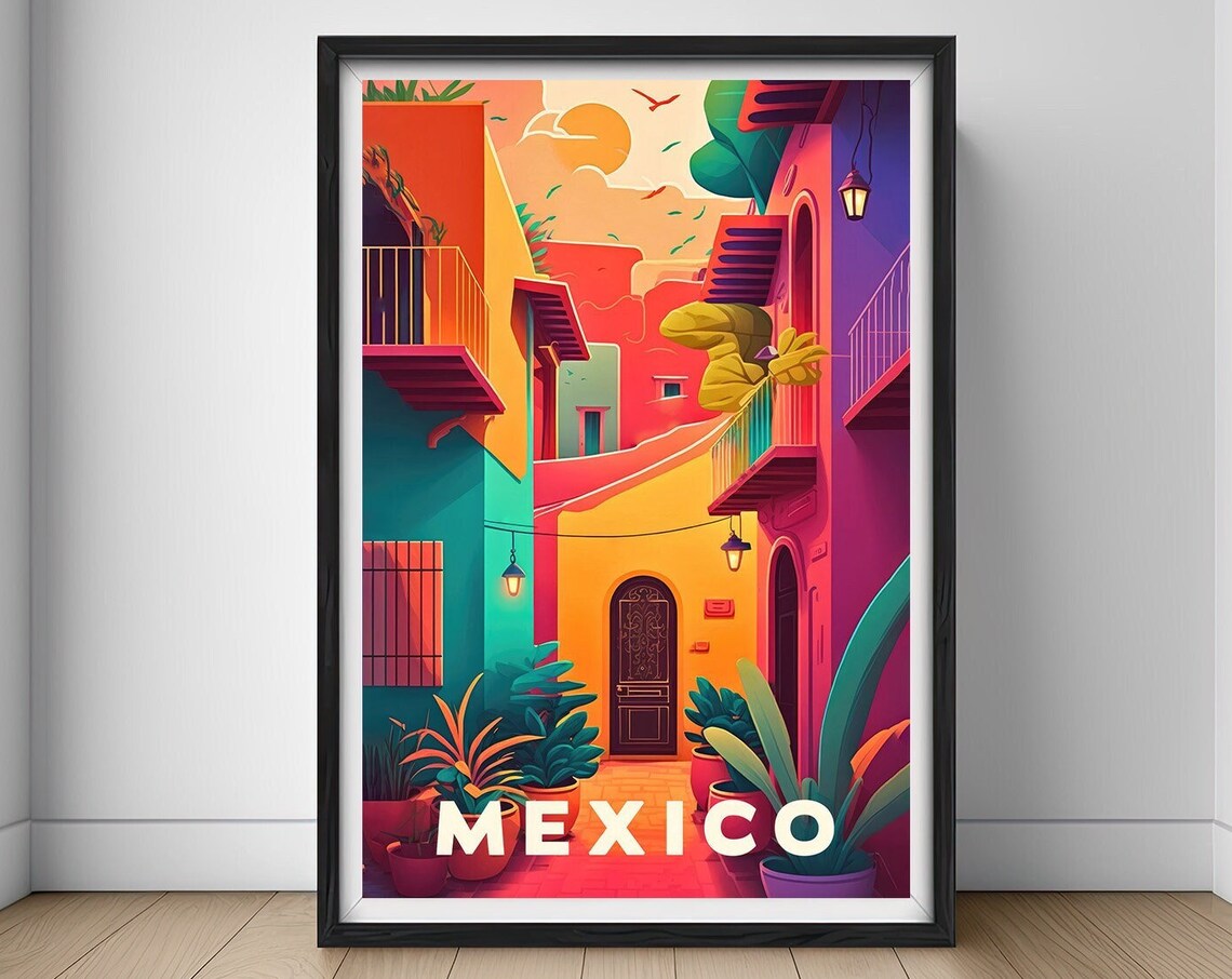 Mexico Alley Sunset Vintage Travel Poster Balcony Street Scene