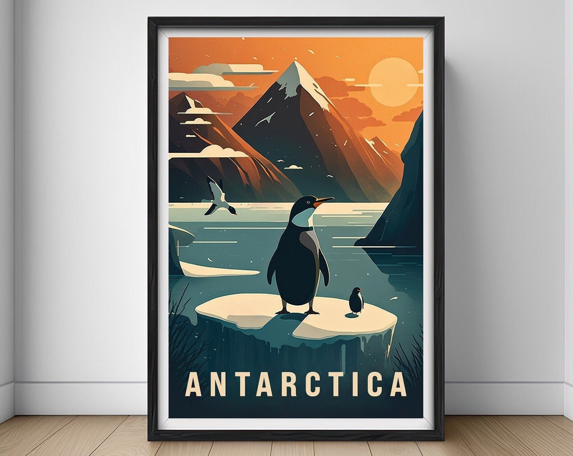 Antarctica Penguins on Ice Vintage Travel Poster Polar Sunset