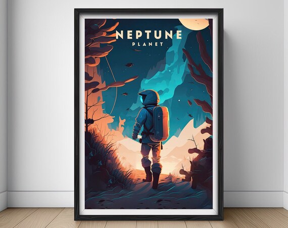 Neptune Planet Retro Travel Poster Astronaut Cosmic Adventure
