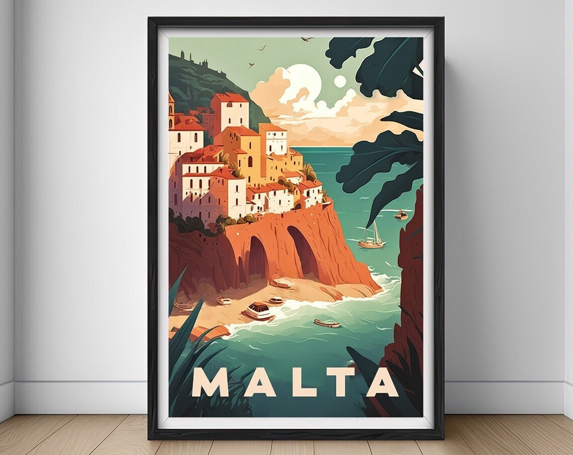 Malta Cliffside Harbor Village Mediterranean Coast Travel Poster